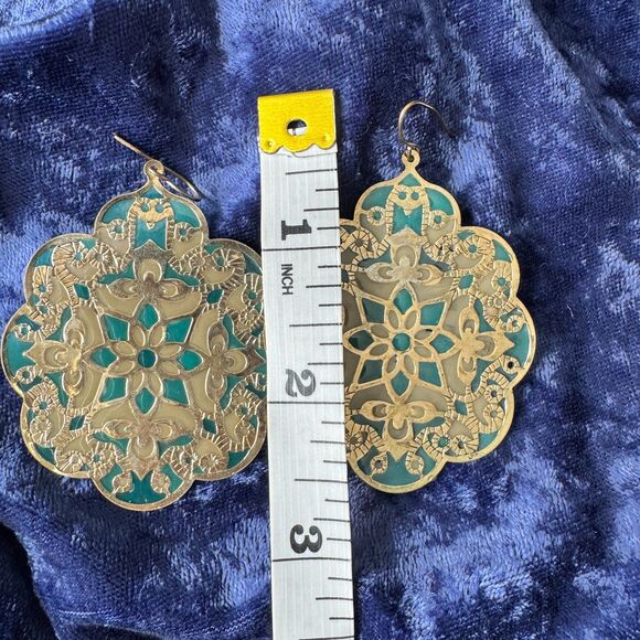 5/$25 Gold Teal Mandala Medallion Earrings - Picture 5 of 9
